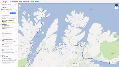 Tour Planung 12 - Storvannsveien 8, 9763 Skarsvåg, Norwegen nach Brugata 2, 9800 Vadsø, Norwegen - Google Maps - Opera Mi 26.09.2012 – Skarsvåg - Vadsø Größere Kartenansicht