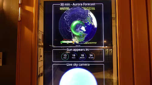 Tromsø – Longyearbyen Vorhersage für Nordlichter, alles grün, da ist nix zu erwarten. Die Sonne kommt zurück in 13 Tagen, 19 Stunden, 18 Minuten und 34 Sekunden.