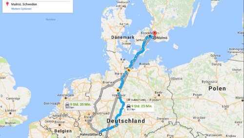 Hahnstätten – Malmö Sa 27.01.2018 Hahnstätten – Puttgarden – [DANMARK] – Rødby – Öresundbrücke – [SVERIGE] – Malmö, ‚First Hotel Jörgen Kock‘, 9 Std. 14 Min. / 867 km / Karte