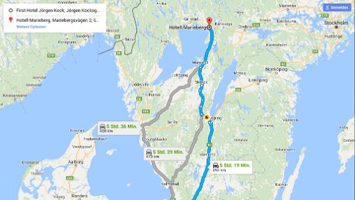 Malmö – Kristinehamn So 28.01.2018 Malmö – Kristinehamn, ‚Hotell Marieberg‘, 5 Std. 59 Min. (536 km) [Abfahrt von der E4 erst bei Mjölby und dann über die 50] / Karte