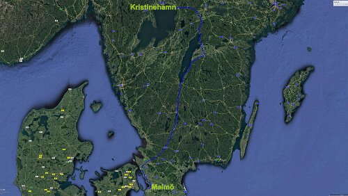 Malmö – Kristinehamn So 28.01.2018 Malmö – Kristinehamn, ‚Hotell Marieberg‘, 5 Std. 59 Min. (536 km) [Abfahrt von der E4 erst bei Mjölby und dann über die 50] / Karte
