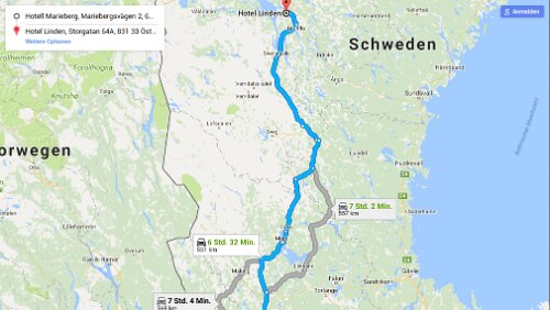 Kristinehamn – Östersund Mo 29.01.2018 Kristinehamn – Malung – Sveg – Östersund, ‚Hotell Linden‘, 6 Std. 44 Min. (531 km) / Karte