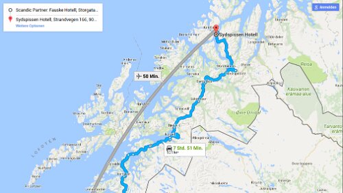 Fauske – Tromsø Mi 31.01.2018 Fauske – Bognes – Fähre – Skarberget – Tromsø, ‚Sydspissen Hotel‘, 7 Std. 42 Min. (501 km) / Karte