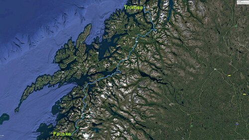 Fauske – Tromsø Mi 31.01.2018 Fauske – Bognes – Fähre – Skarberget – Tromsø, ‚Sydspissen Hotel‘, 7 Std. 42 Min. (501 km) / Karte
