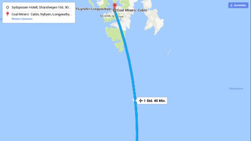 Tromsø – Longyearbyen Do 01.02.2018 FLY Tromsø – Longyearbyen; SK4414, 738, 12:20 – 14:00, ‚Coal Miners’ Cabins‘ / 1 Std. 40 Min. Karte
