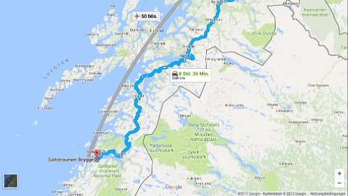 Tromsø – Saltstraumen Mo 05.02.2018 Tromsø – Saltstraumen, ‚Saltstraumen Brygge‘, 8 Std. 27 Min. (550 km) / Karte