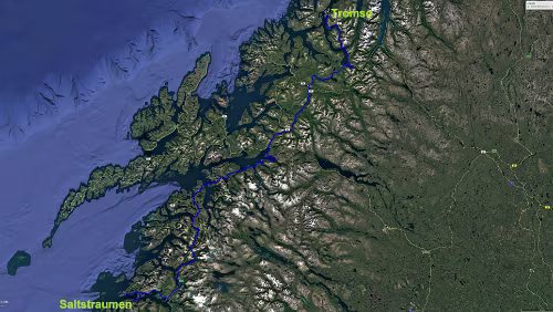 Tromsø – Saltstraumen Mo 05.02.2018 Tromsø – Saltstraumen, ‚Saltstraumen Brygge‘, 8 Std. 27 Min. (550 km) / Karte