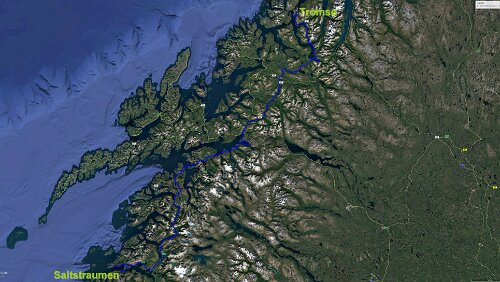Tromsø – Saltstraumen Mo 05.02.2018 Tromsø – Saltstraumen, ‚Saltstraumen Brygge‘, 8 Std. 27 Min. (550 km) / Karte
