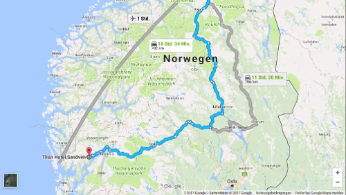 Trondheim – Bergen Mi 07.02.2018 Trondheim – ‚M/S Nordkapp‘ - Bergen [Die Google Karte zeigt hier die Route über die Straße, ich schippere über das Nordmeer] / Karte