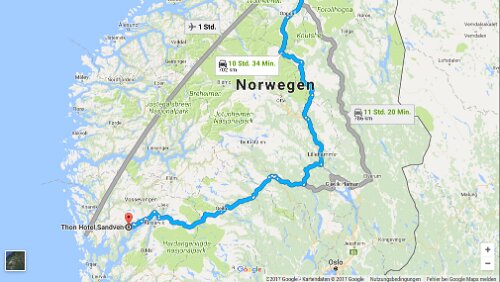 Trondheim – Bergen Mi 07.02.2018 Trondheim – ‚M/S Nordkapp‘ - Bergen [Die Google Karte zeigt hier die Route über die Straße, ich schippere über das Nordmeer] / Karte
