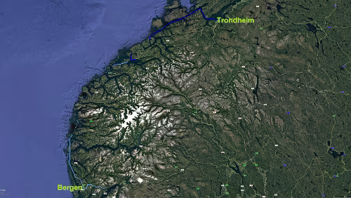 Trondheim – Bergen Mi 07.02.2018 Trondheim – ‚M/S Nordkapp‘ - Bergen [Die Google Karte zeigt hier die Route über die Straße, ich schippere über das Nordmeer] / Karte
