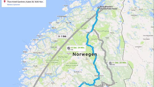 Tagestour Mi 07.02.2018 Trondheim – ‚M/S Nordkapp‘ - Bergen [Die Google Karte zeigt hier die Route über die Straße, ich schippere über das Nordmeer] / Karte...