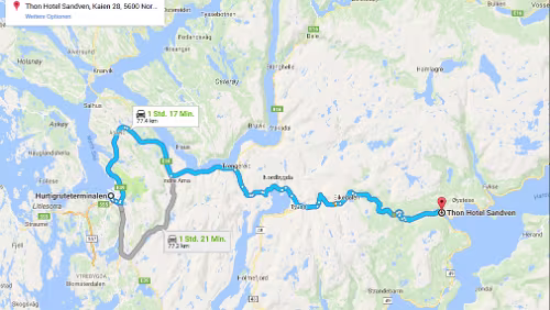 Tagestour Do 08.02.2018 Bergen – Nordheimsund, ‚Thon Hotel Sandven‘, 1 Std. 21 Min. (77,2 km) [Diesesmal fahre ich nicht über die nördliche Route der E39 sondern südlich...