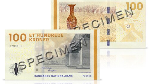 Sedle 100-kronesedlen – Den gamle Lillebæltsbro og Hindsgavl-dolken. © Danmarks Nationalbank