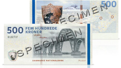 Sedle 500-kronesedlen – Dronning Alexandrines bro og bronzespanden fra Keldby. © Danmarks Nationalbank