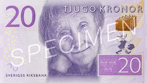 Sedel 20-krona banknote Facts Obverse motif: Children´s writer Astrid Lindgren Reverse motif: Småland, where Astrid Lindgren grew up Measures: 120 x 66 millimetres...
