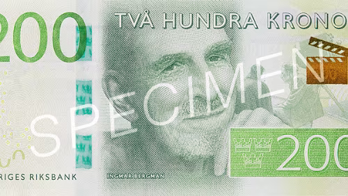 Sedel 200-krona banknote Facts Obverse motif: Film director Ingmar Bergman Reverse motif: Gotland (Fårö), where Ingmar Bergman had his home Measures: 140 x 66...