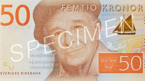 Sedel 50-krona banknote Facts Obverse motif: The poet, composer and artist Evert Taube Reverse motif: Bohuslän, one of the many places from which Evert Taube drew...