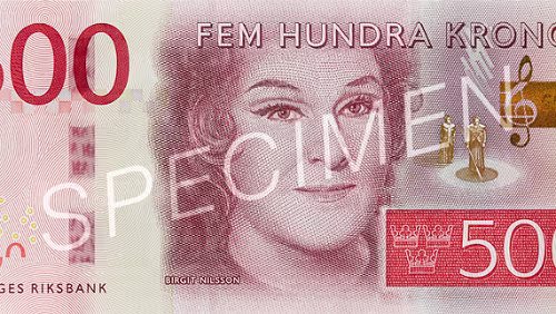 Sedel 500-krona banknote Facts Motif obverse: Birgit Nilsson, singer Motif reverse: Skåne, where Birgit Nilsson grew up Measures: 147 x 66 millimetres Thickness: 125...