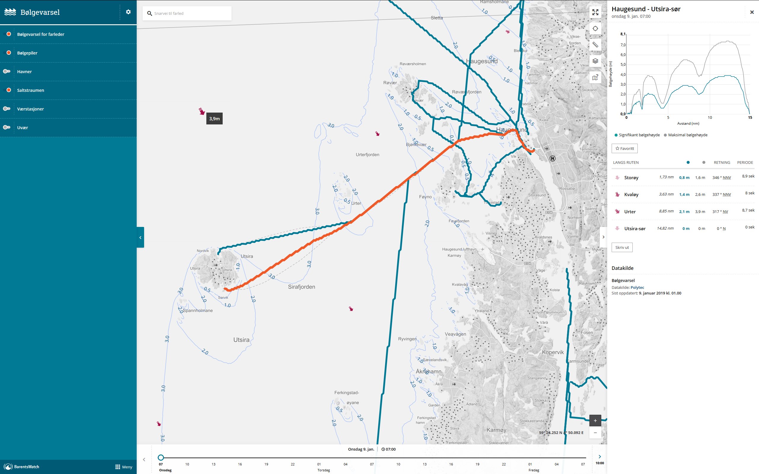 Die rote Linie zeigt eine der beiden Schiffsruten von Haugesund nach Utsira. Ja, die Wellenhöhe von über 7m ist ganz ordentlich
