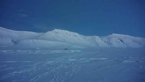 Snowmobile Safari to Grønfjorden Unsere Motorscooter (die schwarzen Punkte). Wir stehen bereits auf dem zugefrorenen Grønfjorden.