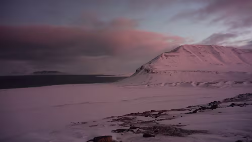 Snøscootertur til Elveneset Am Endpunkt der heutigen Tour angekommen. Blick in Richtung Osten.
