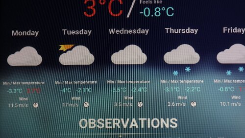 Longyearbyen Eine Anzeige zur Wettersituation. Fast überall Temperaturen über dem Gefrierpunkt.