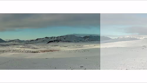 Ísland Panorama – Digitaldruck 2400×465mm Das Bild zeigt links das was später auf der Plexisglasplatte zu sehen sein wird. Der rechte Teil des Panoramas wurde abgeschnitten.