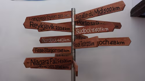 Wegweiser aus Stahlrohr mit Schildern aus Holz Unbeleuchtet…